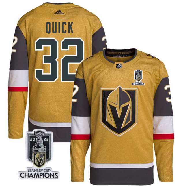Men%27s Vegas Golden Knights #32 Jonathan Quick Gold 2023 Stanley Cup Champions Stitched Jersey->vegas golden knights->NHL Jersey